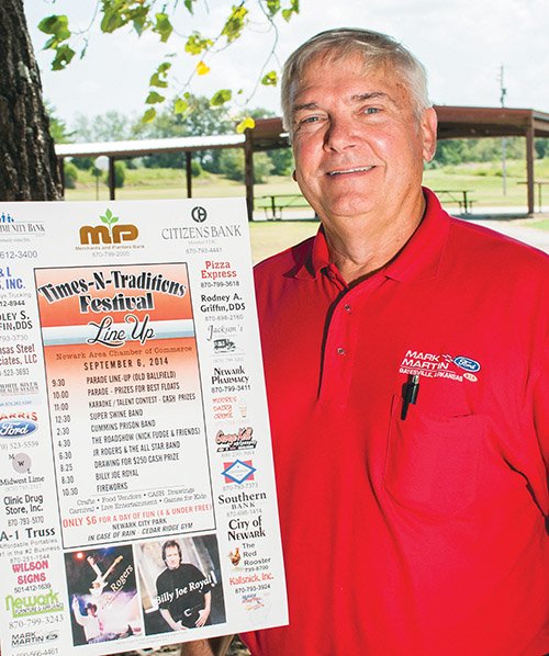 Ernie Pectol, a member of the Newark Area Chamber of Commerce entertainment committee, stands in the Newark City Park with a poster for the Times-N-Traditions Festival.

