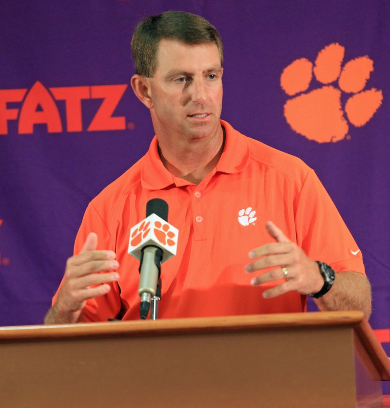 Clemson head coach Dabo Swinney discusses the Tigers' NCAA college football 2014 season at Memorial Stadium in Clemson, S.C. on Tuesday, Aug. 26, 2014. Clemson opens the season at Georgia on Aug. 30. 