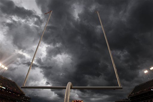 Game play is suspended due to lightening in the area from a severe storm during the second half of an NCAA college football game between Auburn and Arkansas on Saturday, Aug. 30, 2014, in Auburn, Ala.