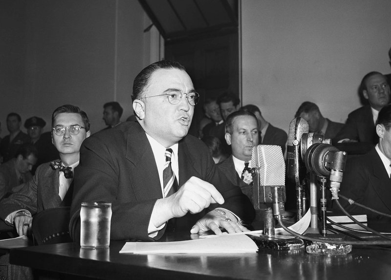 This March 26, 1947, fi le photo shows Federal Bureau of Investigation Director J. Edgar Hoover calling the Communist Party of the United States a “Fifth Column” whose “goal is the overthrow of our government” during testimony before the House Un-American Activities Committee in Washington