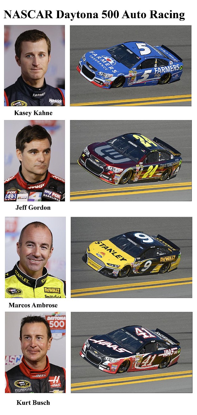 In these photos taken in February 2014, qualifying drivers and their cars in the starting field for Sunday's NASCAR Daytona 500 Sprint Cup Series auto race are shown at Daytona International Speedway in Daytona Beach, Fla. They are, from top, Kasey Kahne, Jeff Gordon, Marcos Ambrose, and Kurt Busch. (AP Photo)