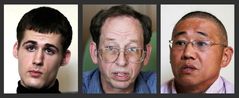 In this photo combo, from left to right, Mathew Miller, Jeffrey Fowle and Kenneth Bae, who are all Americans being detained in North Korea, speak to The Associated Press, Monday, Sept. 1, 2014 in Pyongyang, North Korea. North Korea gave foreign media access on Monday to the three detained Americans who said they have been able to contact their families and, watched by officials as they spoke, called for Washington to send a high-ranking representative to negotiate for their freedom. (AP Photo/Wong Maye-E)