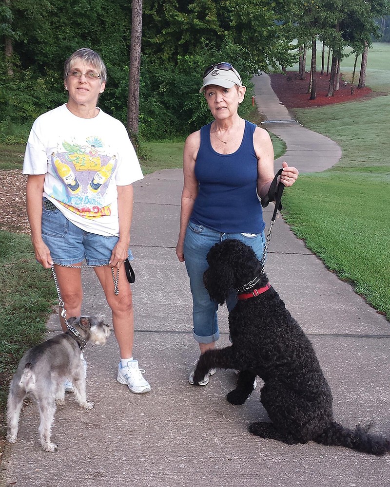 Submitted photo SURVIVORS: AnnMarie Hrusecky, left, and Sue Wulz are both cancer survivors and will be honored at the Sept. 27 Village Walk for Cancer Research. The two women walk together regularly with their dogs Tucker and Murphy.