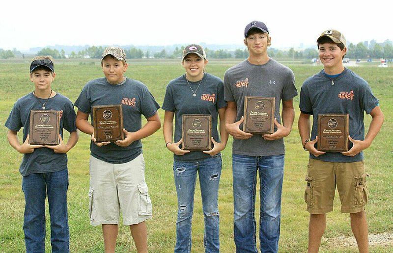 Team B.E.A.S.T. won its second consecutive national trapshooting championship Aug. 3-16 at Sparta, Ill. Team members (from left) are Cameron Layes, Cort Rochelle, Macie Woods, Bailey Finley and Hunter Reynolds. The boys are all from Cabot; Woods is from Marshall.
