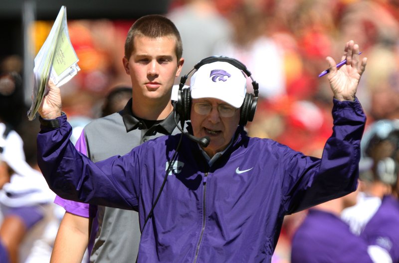 Kansas State head coach Bill Snyder reacts to a play during the first half of an NCAA college football game against Iowa State, Saturday, Sept. 6, 2014, in Ames, Iowa.