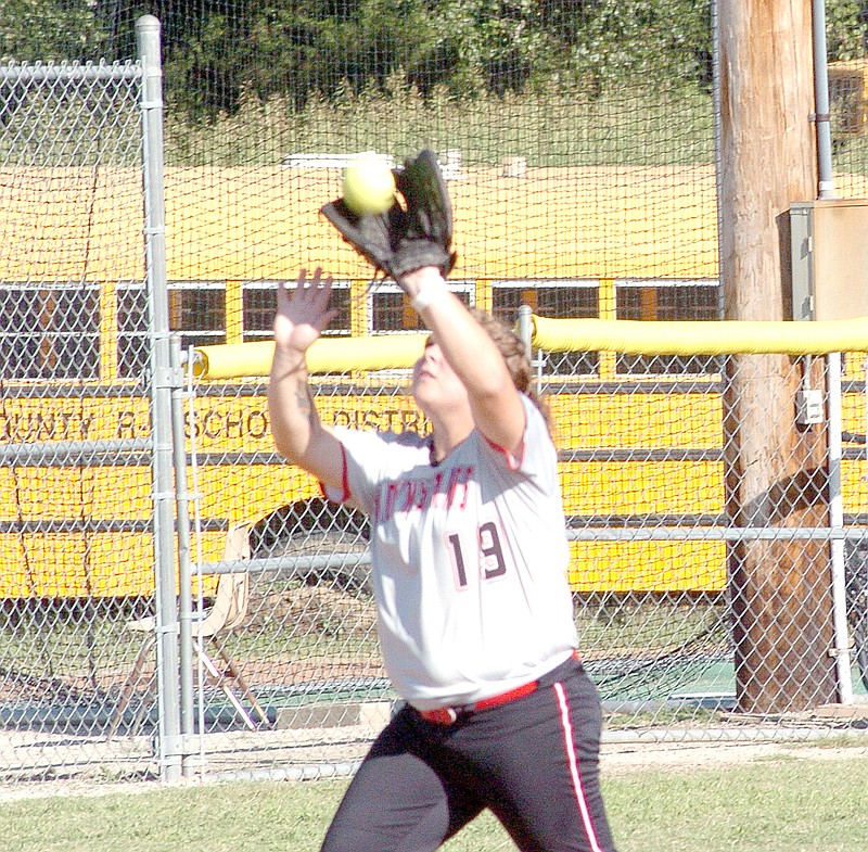 RICK PECK MCDONALD COUNTY PRESS McDonald County third baseman Kyla Buchanan catches a pop-up during the Lady Mustangs 4-0 win over Nixa on Sept. 5 at MCHS.