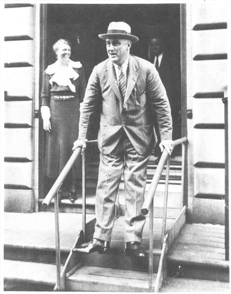 In 1933, President-elect Franklin D. Roosevelt is photographed in his leg braces, while wife Eleanor stands behind. After FDR was stricken with polio in 1921, Eleanor persuaded him to continue in politics. She became his political helpmate — his eyes and ears and legs — and traveled around the country making speeches.