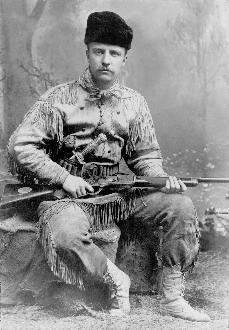 Future president Teddy Roosevelt sports his self-designed buckskin hunting outfit in an 1885 New York studio photograph.