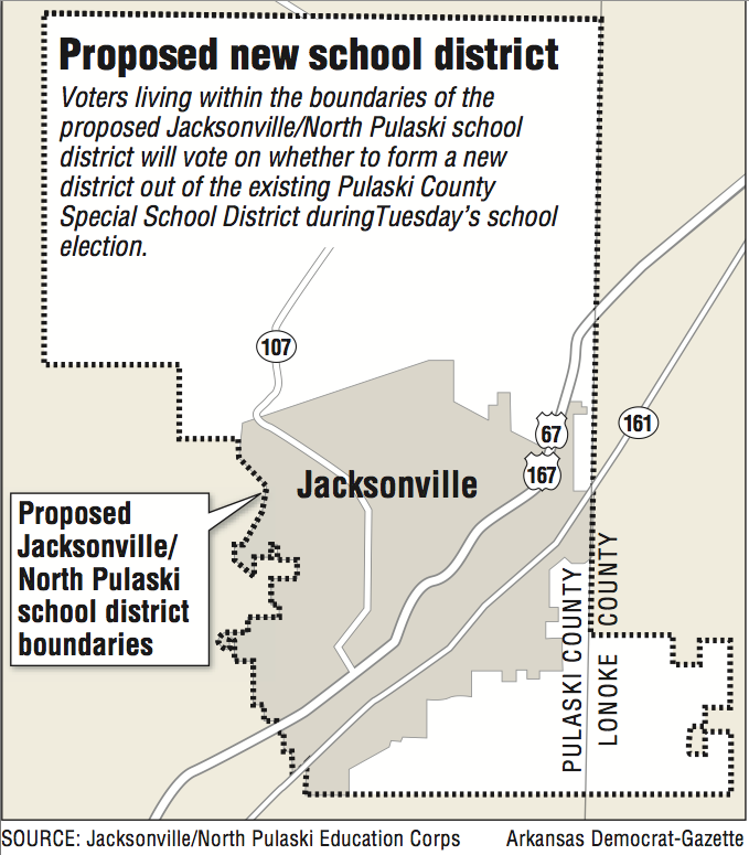 A map showing the location of the proposed new school district for Jacksonville/North Pulaski.