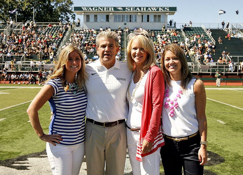 Wagner Coach Walt Hameline (second from left) enlisted the help of an old friend to schedule a football game around the wedding of Hameline’s daughter Kelly (far right).