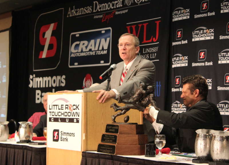 University of Arkansas Athletic Director Jeff Long speaks Monday at the Little Rock Touchdown Club.