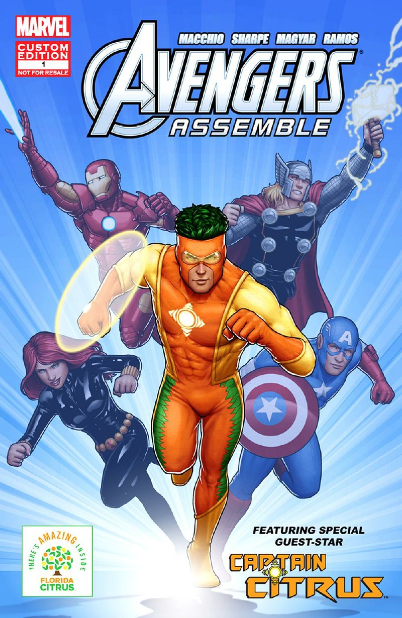 Captain Citrus, surrounded by Marvel Comics’ Avengers superheroes, is at the center of the cover illustration for a new comic book promoting orange juice.