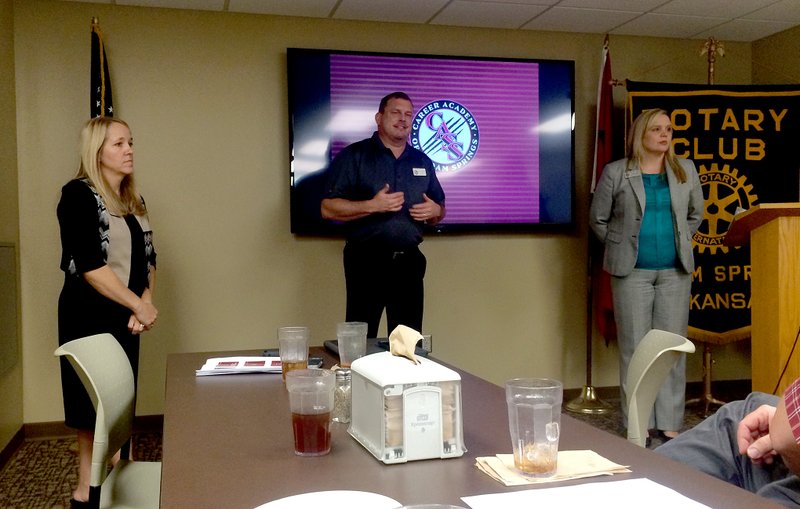 Photo submitted From left, Jerri Price, assistant principal at Siloam Springs High School; Jody Wiggins, assistant superintendent for Siloam Springs School District; and Lisa Hotsenpiller, Business Professions Teacher at Siloam Springs High School, recently spoke to the Siloam Springs Rotary Club. They were there speaking on behalf of the CASS program they are applying for at the high school. It will provide specialized job training for students who are either going into college or going straight into the work force for the more-skilled jobs that are located in Siloam Springs.