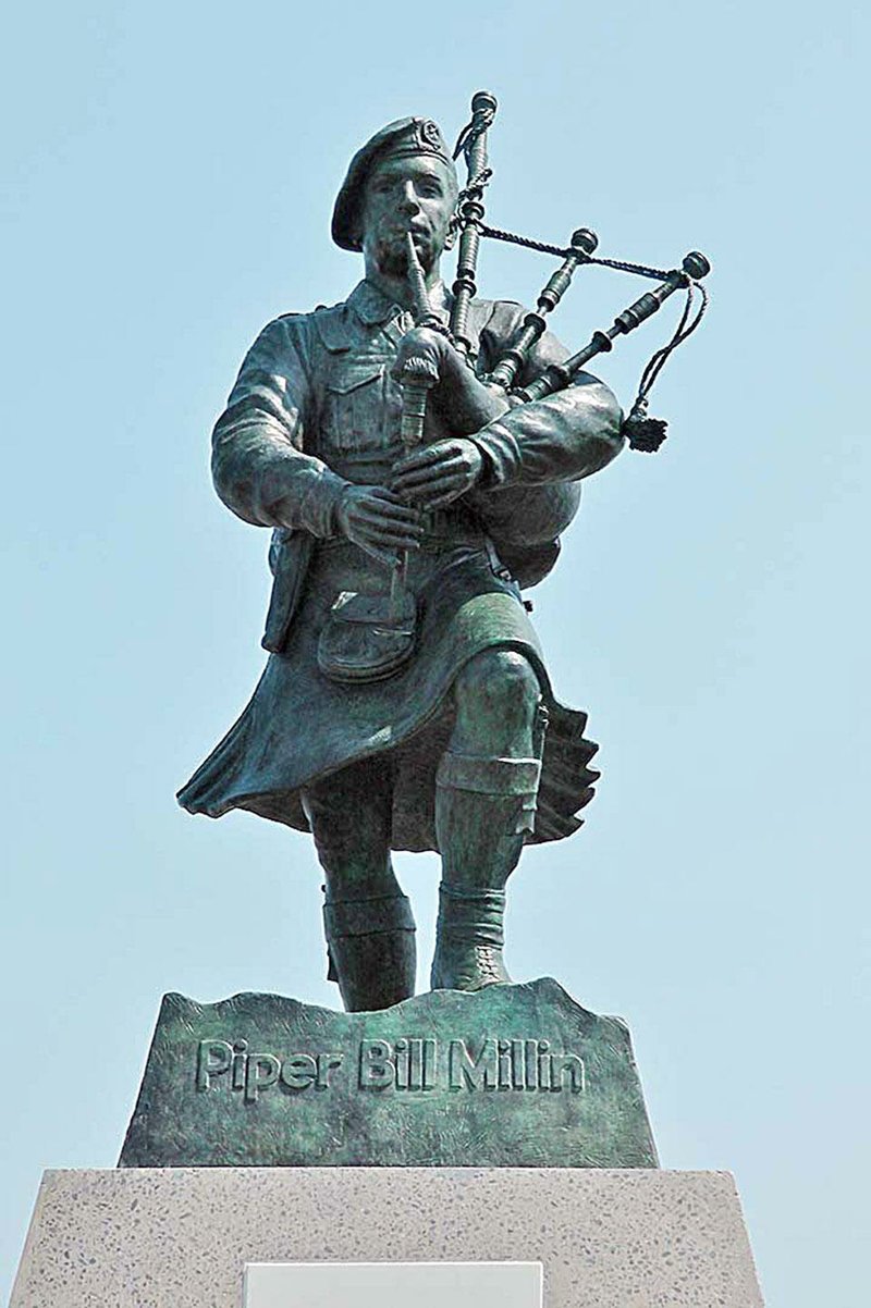 A monument to Private Bill Millin of the Queen’s Own Cameron Highlanders still stands on Sword Beach in Normandy, where he played the pipes June 6, 1944—D-Day.