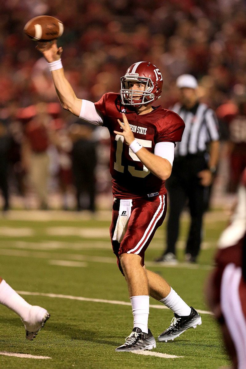 Arkansas Democrat-Gazette/RICK MCFARLAND --09/18/14--  Henderson's qb Kevin Rodgers (15) passes in their game with Southeastern Ok. at in Arkadelphia Thursday.