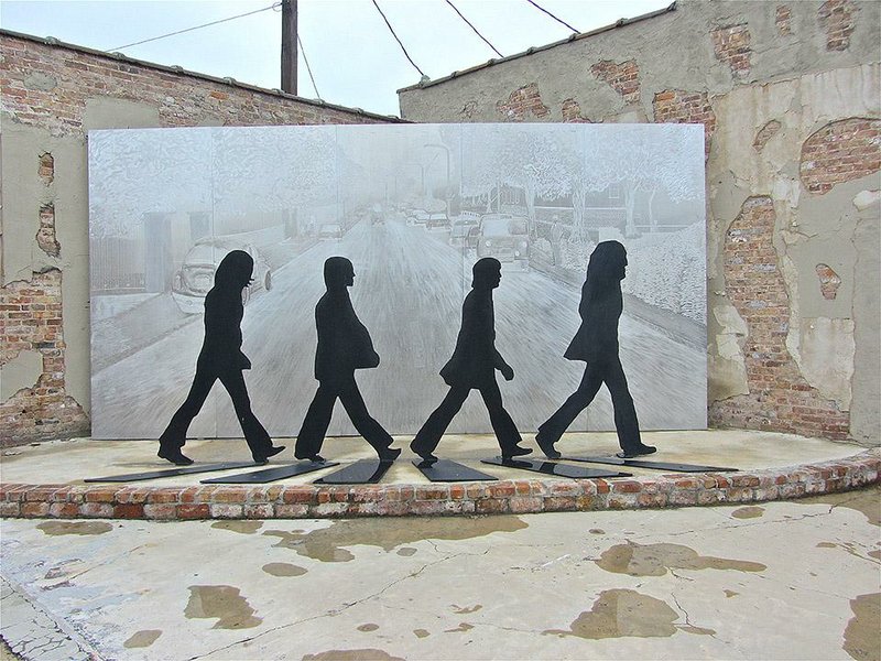 An outdoor sculpture by Danny West in downtown Walnut Ridge emulates the jacket of The Beatles’ celebrated 1969 album Abbey Road.