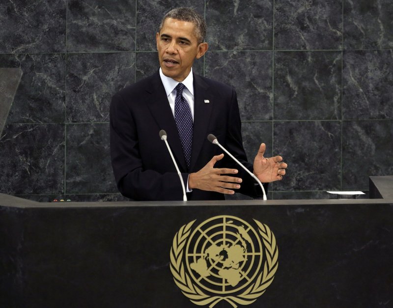 In this Sept. 24, 2013, file photo, President Barack Obama addresses the 68th session of the United Nations General Assembly. The United Nations Security Council is expected to adopt a binding resolution this week that would require nations to bar their citizens from traveling abroad to join terrorism organizations, part of a U.S.-led effort to galvanize the international community against what Obama administration officials call an "unprecedented" threat from extremists flocking to Syria and Iraq. 
