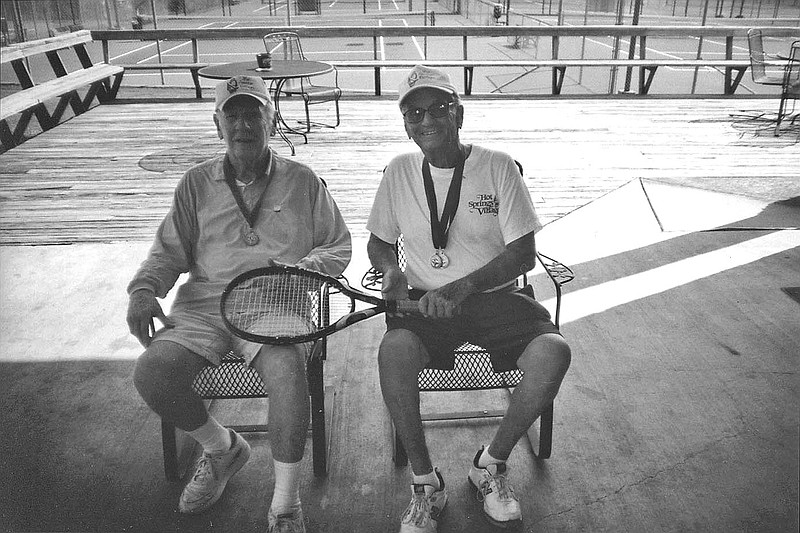 Submitted photo The Hot Springs Village duo of Dean Goff, left, and Sam Padfield won the 85-89 gold medal for doubles tennis during the Arkansas Senior Olympics over the weekend at Hot Springs Country Club. Padfield also won the gold medal for singles. Both said they are looking forward to representing the state in the National Senior Olympics next July in Minneapolis. They won a national gold medal in 2011.