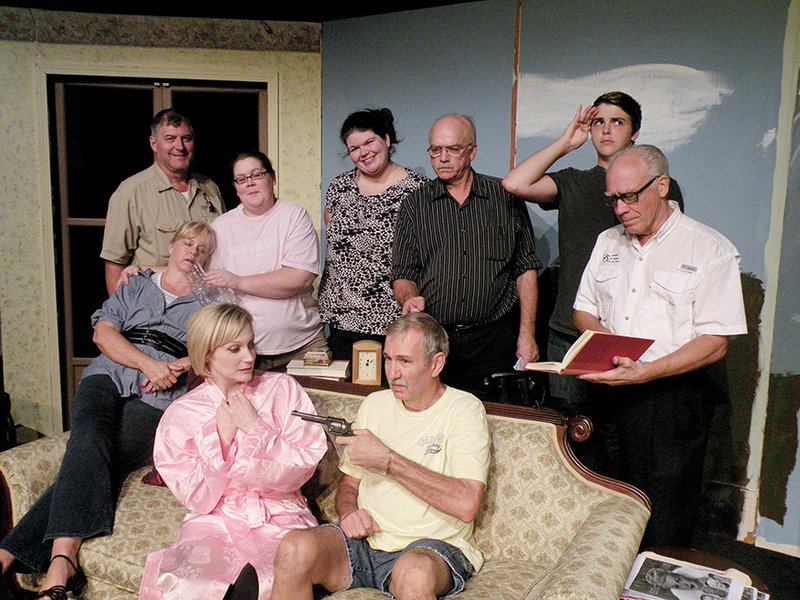 Appearing in the upcoming Maumelle Players’ production of See How They Run are, seated, from left, Mary Boyer as Miss Skillon, Erica Monday as Penelope Toop and Mike Crosson as “The Man” (Russian Spy); and standing, Ed Boyer as the Rev. Arthur Humphrey, Erica Hlebinsky as Ida, Lauren Nicholas as the off-stage voice of a choir boy, Victor Werner as Sergeant Towers, Aaron Woodall as Cpl. Clive Winton and Atherton Hiett as the Bishop of Lax. Not shown is Ron Selby, who plays the Rev. Lionel Toop.