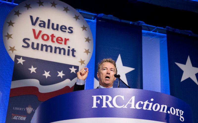 Sen. Rand Paul, R-Ky. speaks at the 2014 Values Voter Summit in Washington, Friday, Sept. 26, 2014. Prospective Republican presidential candidates are expected to promote religious liberty at home and abroad at a gathering of evangelical conservatives, rebuking an unpopular President Barack Obama while skirting divisive social issues that have tripped up the GOP.