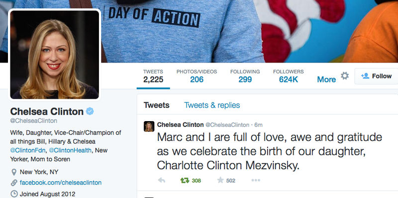 Chelsea Clinton Mezvinsky announces the birth of her and husband Marc Mezvinsky's daughter via Twitter on Friday, Sept. 26, 2014.