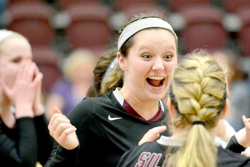 Bud Sullins/Special to Siloam Sunday Siloam Springs junior Haley Stewart celebrates after the Lady Panthers&#8217; victory against Alma on Tuesday at Panther Activity Center.