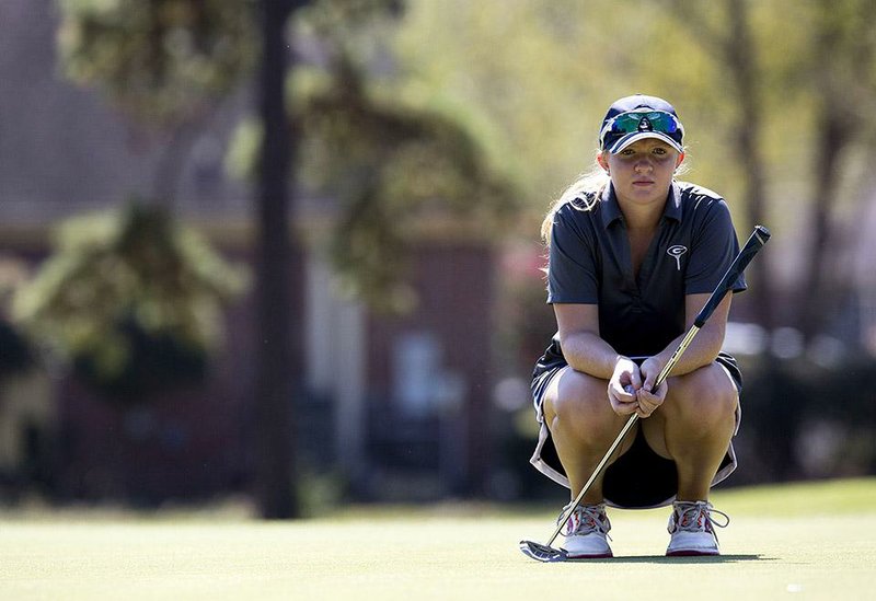 Arkansas Democrat-Gazette/MELISSA SUE GERRITS - 09/29/2014 - Sydnie Gamble, 14, leads her group while eyeing her shot at the 11th hole at Greystone Country Club during the 6A girls state tournament September 29, 2014. 