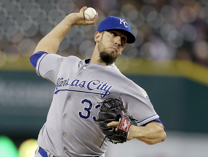 Kansas City Royals starting pitcher James Shields throws during the first inning of a baseball game against the Detroit Tigers in Detroit, Wednesday, Sept. 10, 2014. (AP Photo/Carlos Osorio)
