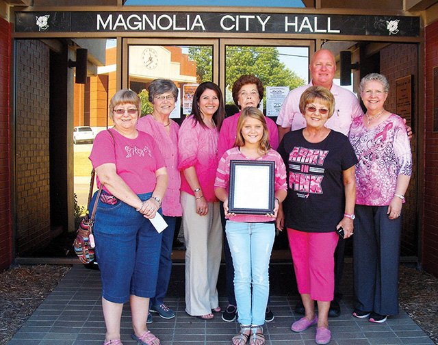 Mayor Parnell Vann has declared Oct. 3 as “Go Pink Day” for the City of Magnolia. Pictured are (back row, from left) Regina Minor, Trish Franks, Leslie Boyd, Norma Jean Dees, Mayor Vann, Patsy Bentley, (front row, from left) Natalie Boyd and Bonnie Zorsch.