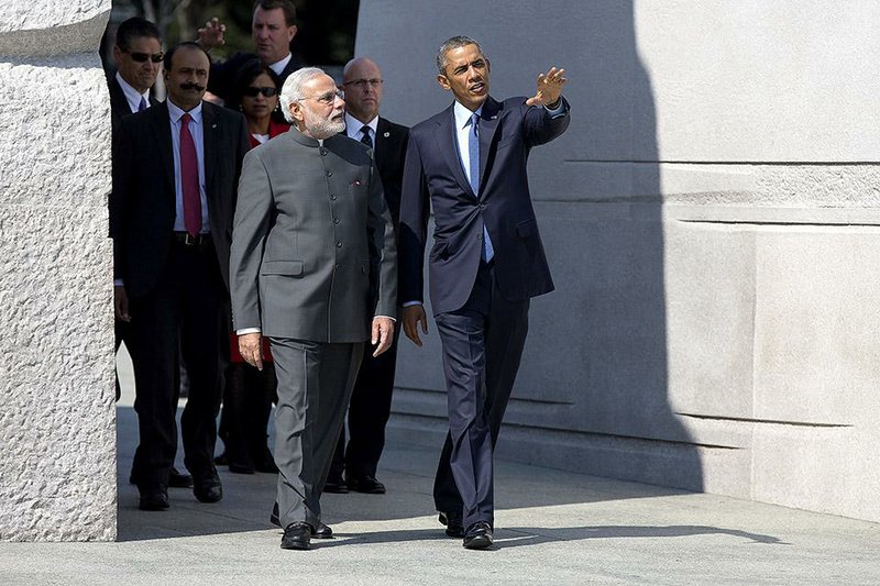 President Barack Obama escorts Indian Prime Minister Narendra Modi at the Martin Luther King Jr. Memorial in Washington on Tuesday.