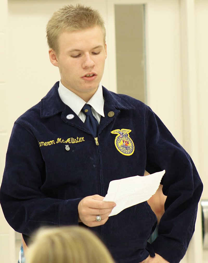 Photograph submitted Pea Ridge FFA treasurer, Cameron McAllister, gave the first treasurer&#8217;s report of the 2014-2015 year.
