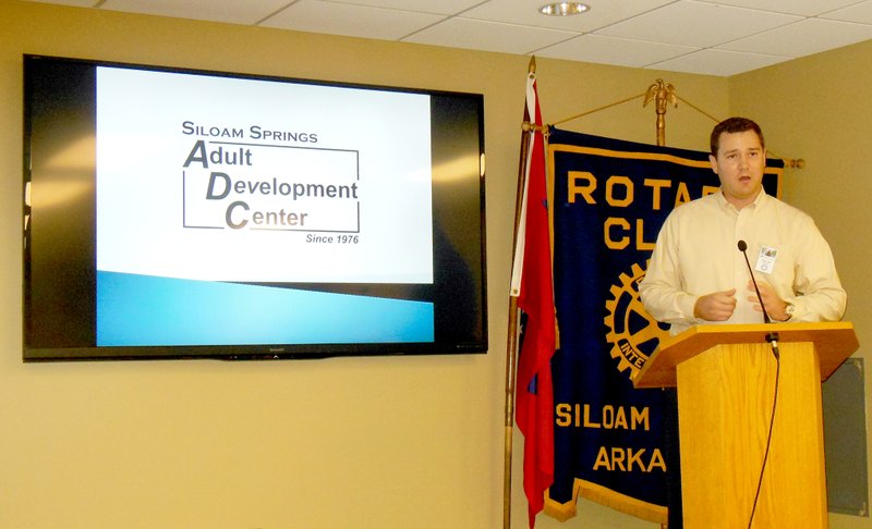 Photo submitted Taylor DeWeese of Arvest Bank spoke to the Siloam Springs Rotary Club on Tuesday representing the Siloam Springs Adult Development Center. Taylor is an ADC board member and updated the club on what an important part of the business community this center really is, benefiting not only their business partners but their clients as well. The Rotary Club meets every Tuesday at John Brown University.