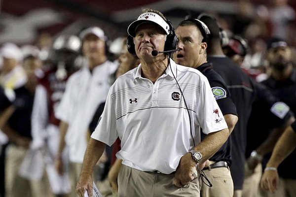 South Carolina head coach Steve Spurrier reacts to a call on the sidelines during the first half of an NCAA college football game against Missouri on, Saturday, Sept. 27, 2014, in Columbia, S.C. (AP Photo/Stephen B. Morton)