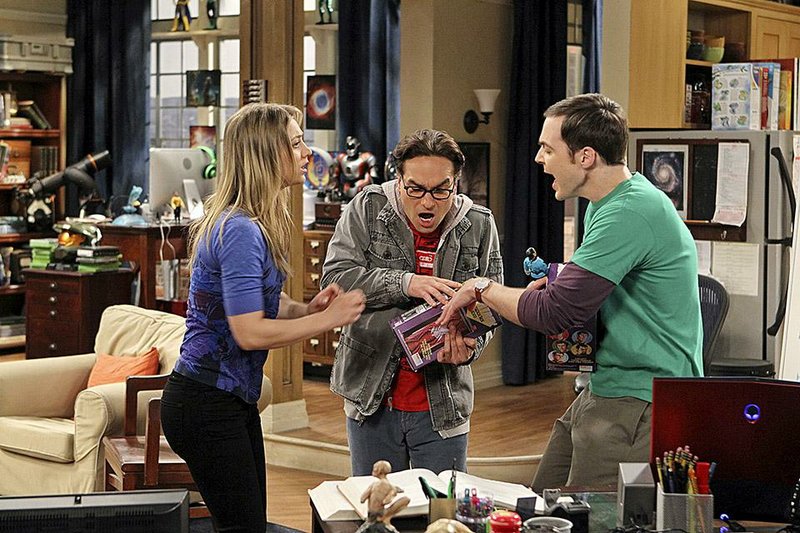 Penny (Kaley Cuoco-Sweeting), Leonard (Johnny Galecki, center) and Sheldon (Jim Parsons) are the principal characters on the long-running The Big Bang Theory.