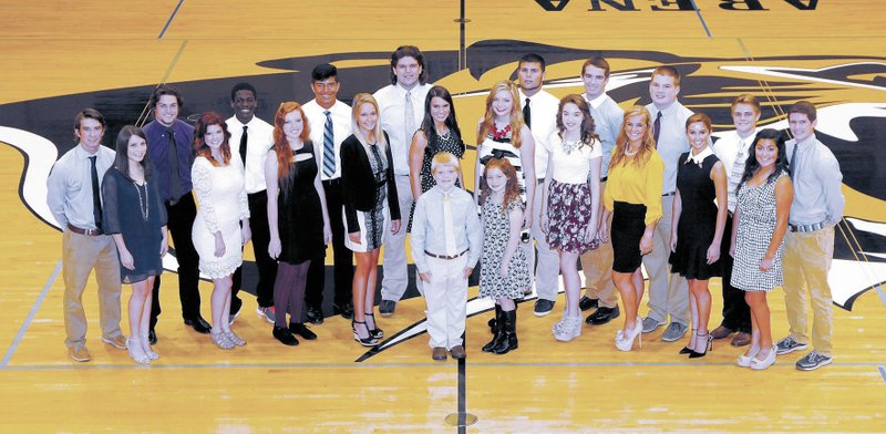 Courtesy Photo Lifetouch Bentonville High School&#8217;s homecoming court is, back from left, Hayden McDaniel, Cody Scroggins, Kahlil Gunn, Hekili Keliiliki, Ean Pfeifer, Javier Carbonell, Foster Pool, Mitchell Williams, Bennett Moehring, Caleb Winscott, middle, from left, Mackenzie Jobe, Madie Gainey, Lauren Hamm, Alyssa Dixon, Rachel Ronan, Lydia Fielder, Haven Brown, Jenna McCollum, Mary Bowman Cooper, Alyssa Lizcano, front, from left, football bearer Phillip Mills, crown bearer Madison Schluterman