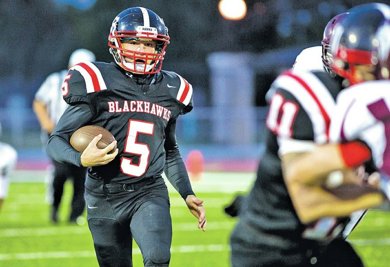  Special To NWA Media David J. Beach Shane Ivy of Pea Ridge takes off on a 64-yard run on the first play at scrimage Friday at Blackhawks Stadium in Pea Ridge.