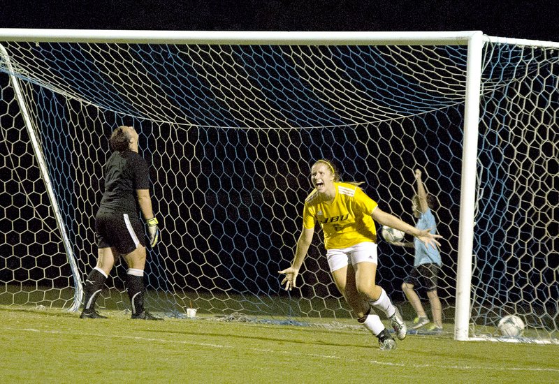 Courtesy of JBU Sports Information John Brown University midfielder Casey O&#8217;Brien celebrates after her goal against Oklahoma City gave the Golden Eagles a 2-1 victory against the Stars on Wednesday at Alumni Field.