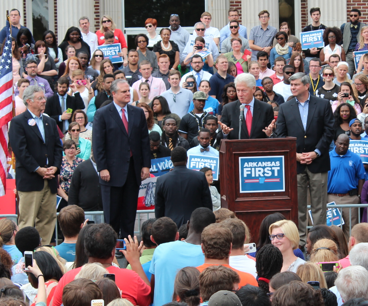 Former President Bill Clinton speaks at a rally Monday at the University of Central Arkansas in Conway beside Democratic candidates Patrick Henry Hays, U.S. Sen. Mark Pryor and former U.S. Rep. Mike Ross.