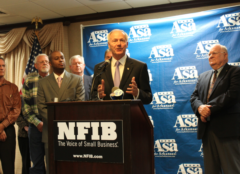 Republican gubernatorial nominee Asa Hutchinson speaks Tuesday at a news conference announcing an endorsement from the National Federation for Independent Business.