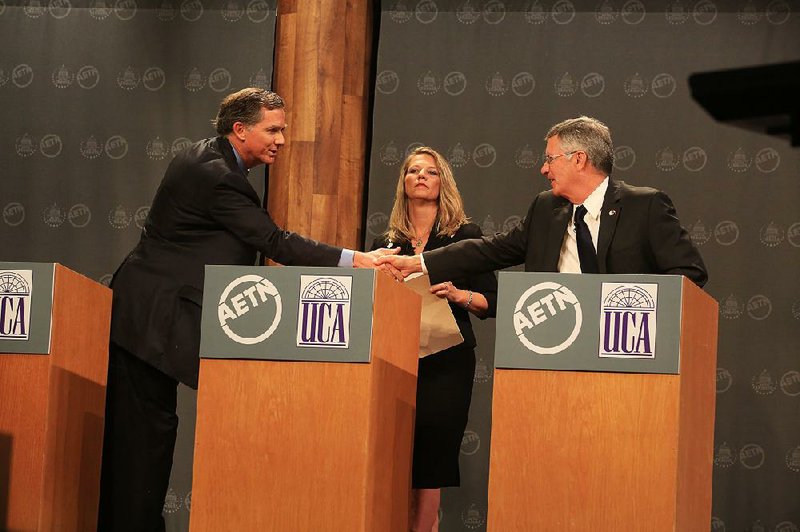 Arkansas Democrat-Gazette/RICK MCFARLAND --10/13/14--  U.S. Congress Dist. 2 candidates' (from left) French Hill, Republican Party,  Debbie Standiford, Libertarian Party, and Patrick Hays, Democratic Party, participate in a debate hosted by AETN on the University of Central Arkansas campus in Conway Monday.