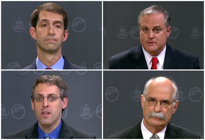(Clockwise, from upper right) Mark Pryor, Mark Swaney, Nathan LaFrance and Tom Cotton participate in a senatorial debate hosted by AETN on Monday, Oct. 13, 2014.