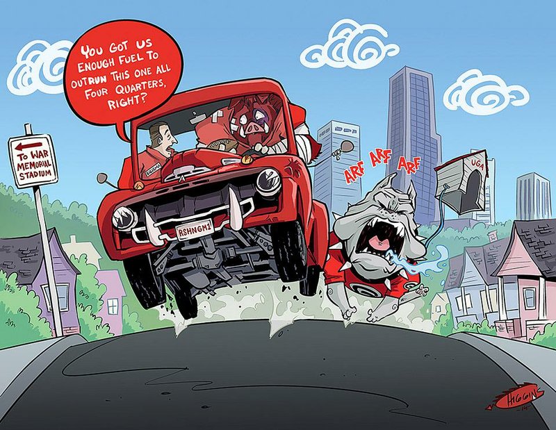 Defeated Razorback Cartoon Rushing into The Rock | Whole Hog Sports