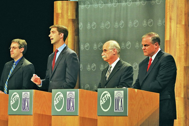 Arkansas Democrat-Gazette RICK MCFARLAND U.S. Senate candidates (from left) Nathan LaFrance, Libertarian Party; Rep. Tom Cotton, Republican Party; Mark Swaney, Green Party; and U.S. Sen. Mark Pryor, Democratic Party, participate in a debate hosted by AETN last week.