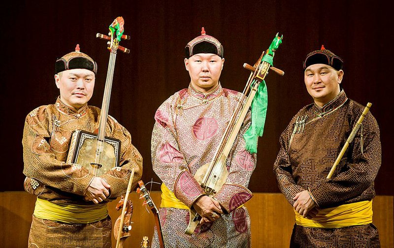 The Alash Ensemble — (from left) Ayan-ool Sam, Bady-Dorzhu Ondar and Ayan Shirizhik — perform in Mountain View and North Little Rock this weekend.