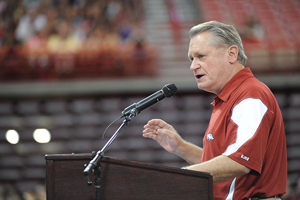 Chancellor David Gearhart speaks during the annual New Student Welcome and Burger Bash Sunday, Aug. 24, 2014, at Bud Walton Arena on the University of Arkansas campus in Fayetteville.