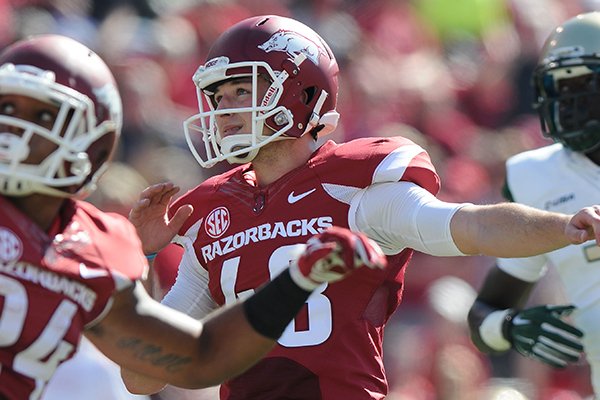 Arkansas kicker Adam McFain watches an extra-point attempt in the first half of the Razorbacks' game against UAB on Saturday, Oct. 25, 2014 at Razorback Stadium in Fayetteville. 