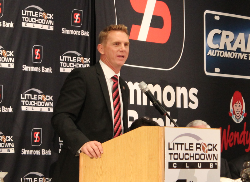 Arkansas State University head football coach Blake Anderson speaks Monday to the Little Rock Touchdown Club.