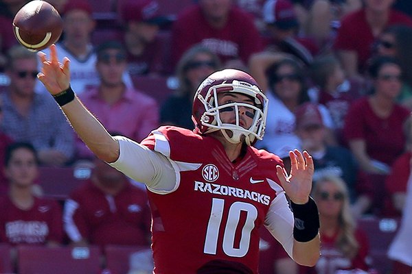Arkansas quarterback Brandon Allen throws a pass during a game against UAB on Saturday, Oct. 25, 2014 at Razorback Stadium in Fayetteville. 