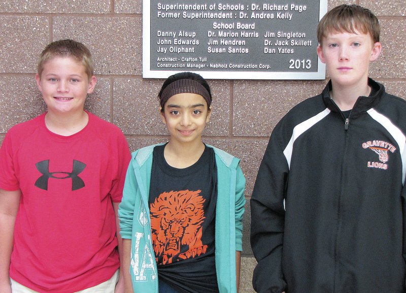 Submitted Photo September Students of the Month at Gravette Middle School are: Seventh Grade &#8212; Will Taylor; Sixth Grade &#8212; Kiranjot Thandi; and Eighth Grade &#8212; Thomas Tryon.