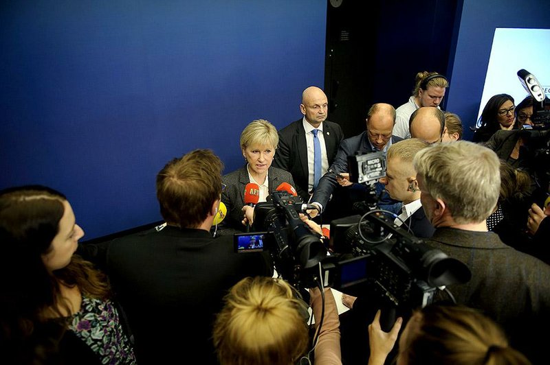 Sweden's Foreign Minister Margot Wallstrom talks to the media Thursday Oct. 30, 2014,  at the government building Rosenbad, in Stockholm, after Sweden's new government officially recognized a Palestinian state. Wallstrom said the Scandinavian country had decided on the move because the criteria of international law required for such recognition had been fulfilled, "There is a territory, a people and government," she told reporters in Stockholm. (AP Photo/Annika af Klercker) SWEDEN OUT